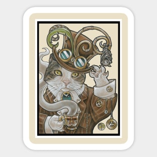 Steampunk Cat -Tea Party with Bat -White Outline Sticker